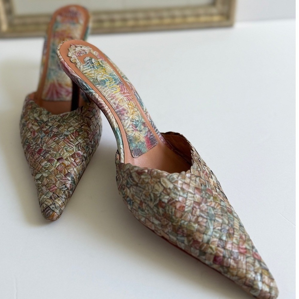 Mikaela Woven Leather Floral Pointed Toe Mules Multicolored Stiletto Heels